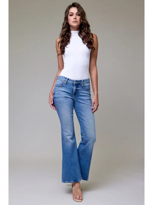 HIDDEN JEAN HAPPI MID RISE HAPPI FLARE 31" INSEAM MEDIUM WASH