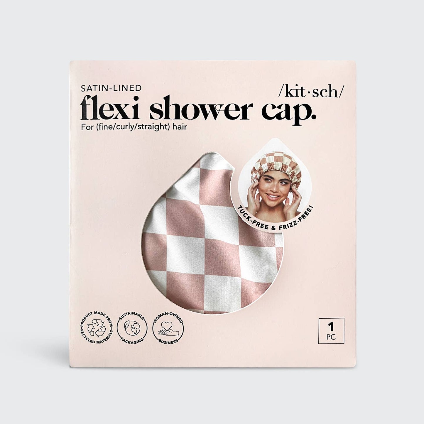KITSCH Satin Lined Flexi Shower Cap - Terracotta Checker