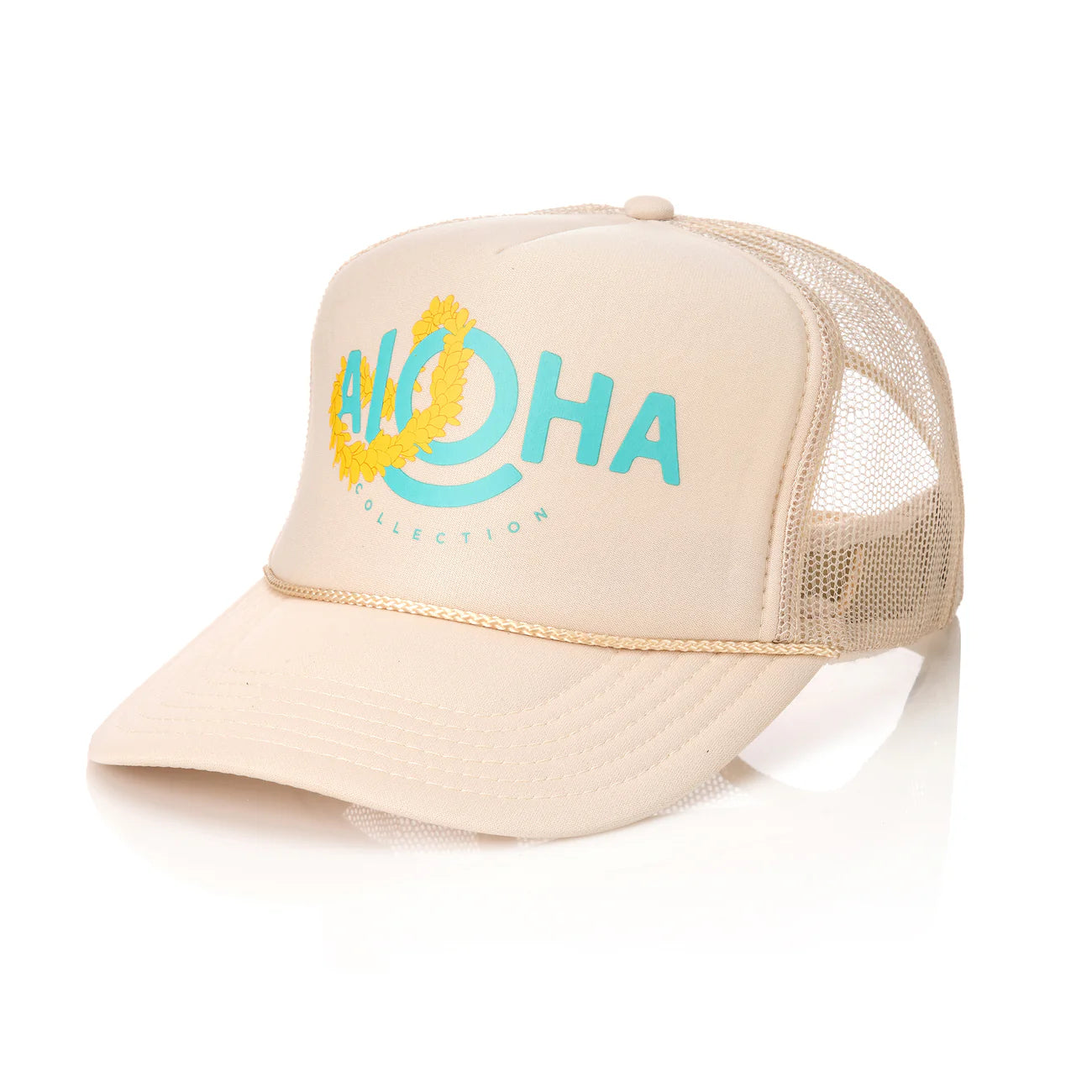 ALOHA COLLECTION ALOHA LEI ALOHA TRUCKER HAT SANDSTONE