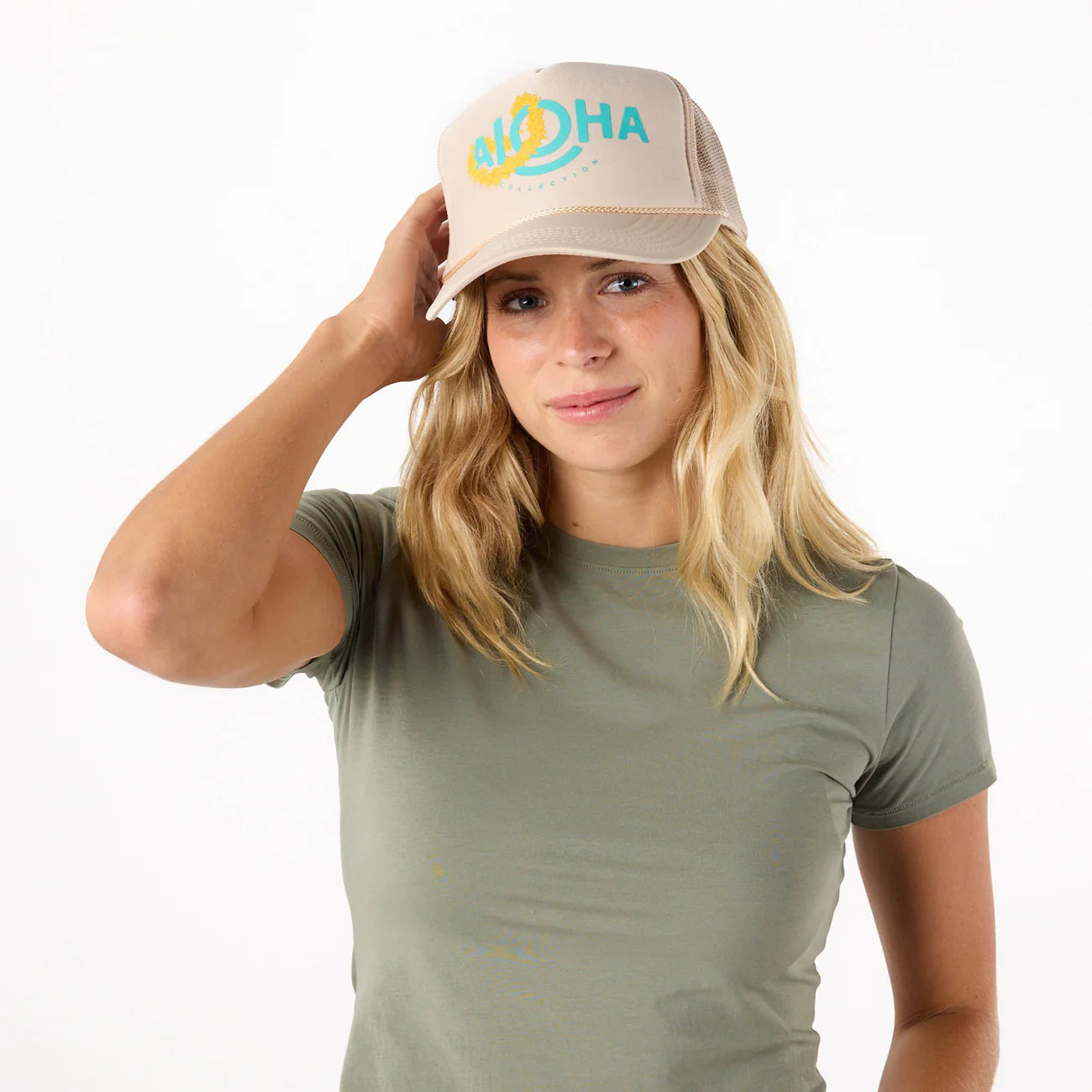 ALOHA COLLECTION ALOHA LEI ALOHA TRUCKER HAT SANDSTONE 1