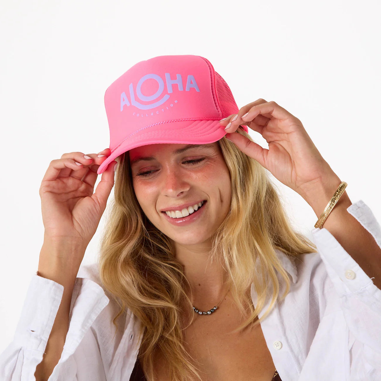 ALOHA COLLECTION ALOHA TRUCKER HAT NEON PINK 1