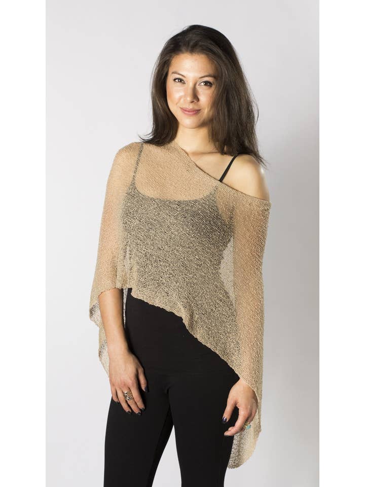 BALI PREMA Lightweight Knit Beach Shrug Cover Up Poncho Shawl KHAKI BEIGE