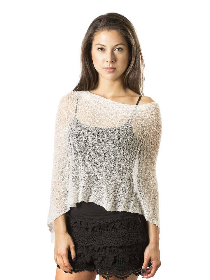 BALI PREMA Lightweight Knit Beach Shrug Cover Up Poncho Shawl OFF WHITE