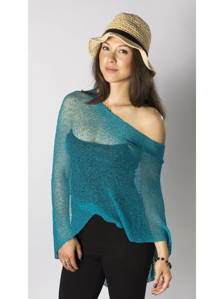 BALI PREMA Lightweight Knit Beach Shrug Cover Up Poncho Shawl REEF TEAL