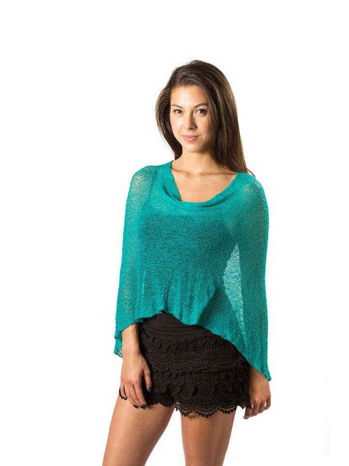BALI PREMA Lightweight Knit Beach Shrug Cover Up Poncho Shawl TEAL GREEN