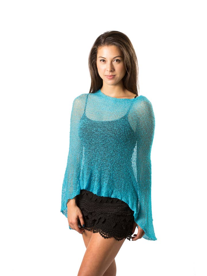 BALI PREMA Lightweight Knit Beach Shrug Cover Up Poncho Shawl TURQUOISE BLUE