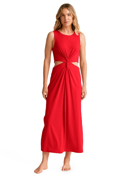 BEYOND YOGA AROUND THE WORLD FRONT TWIST DRESS CANDY APPLE RED