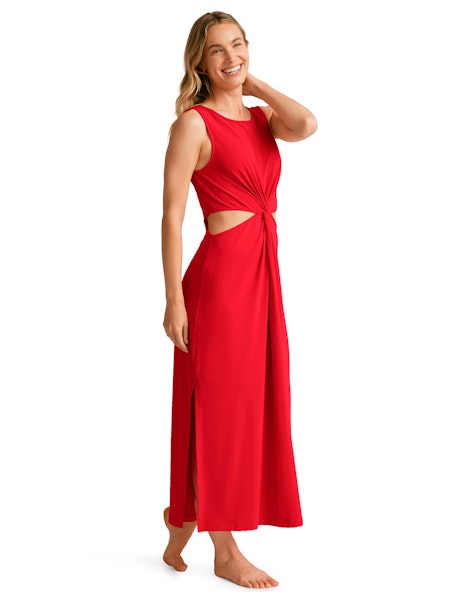 BEYOND YOGA AROUND THE WORLD FRONT TWIST DRESS CANDY APPLE RED