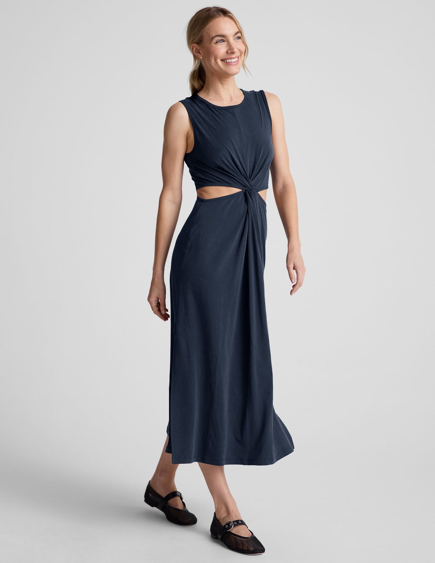 BEYOND YOGA AROUND THE WORLD FRONT TWIST DRESS NOCTURNAL NAVY