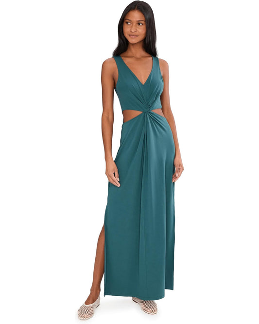 BEYOND YOGA AROUND THE WORLD TWIST FRONT MAXI DRESS TEAL SEA