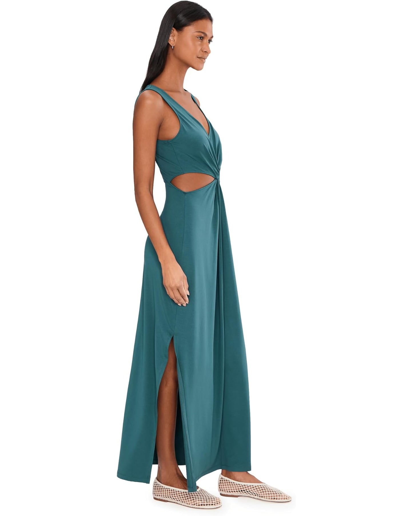 BEYOND YOGA AROUND THE WORLD TWIST FRONT MAXI DRESS TEAL SEA
