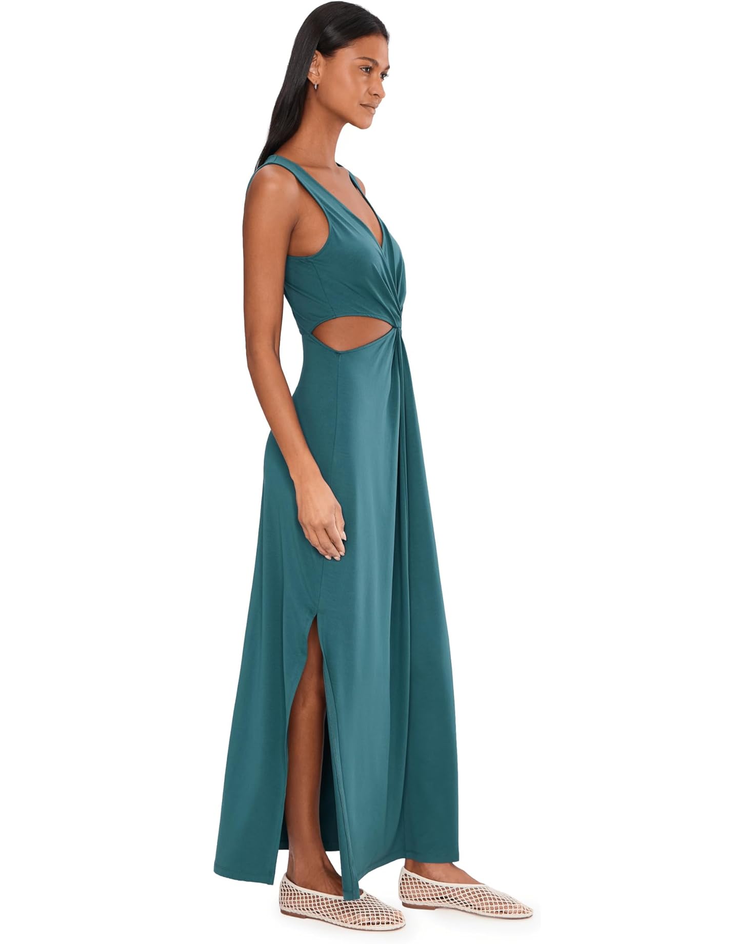 BEYOND YOGA AROUND THE WORLD TWIST FRONT MAXI DRESS TEAL SEA
