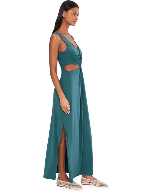 BEYOND YOGA AROUND THE WORLD TWIST FRONT MAXI DRESS TEAL SEA