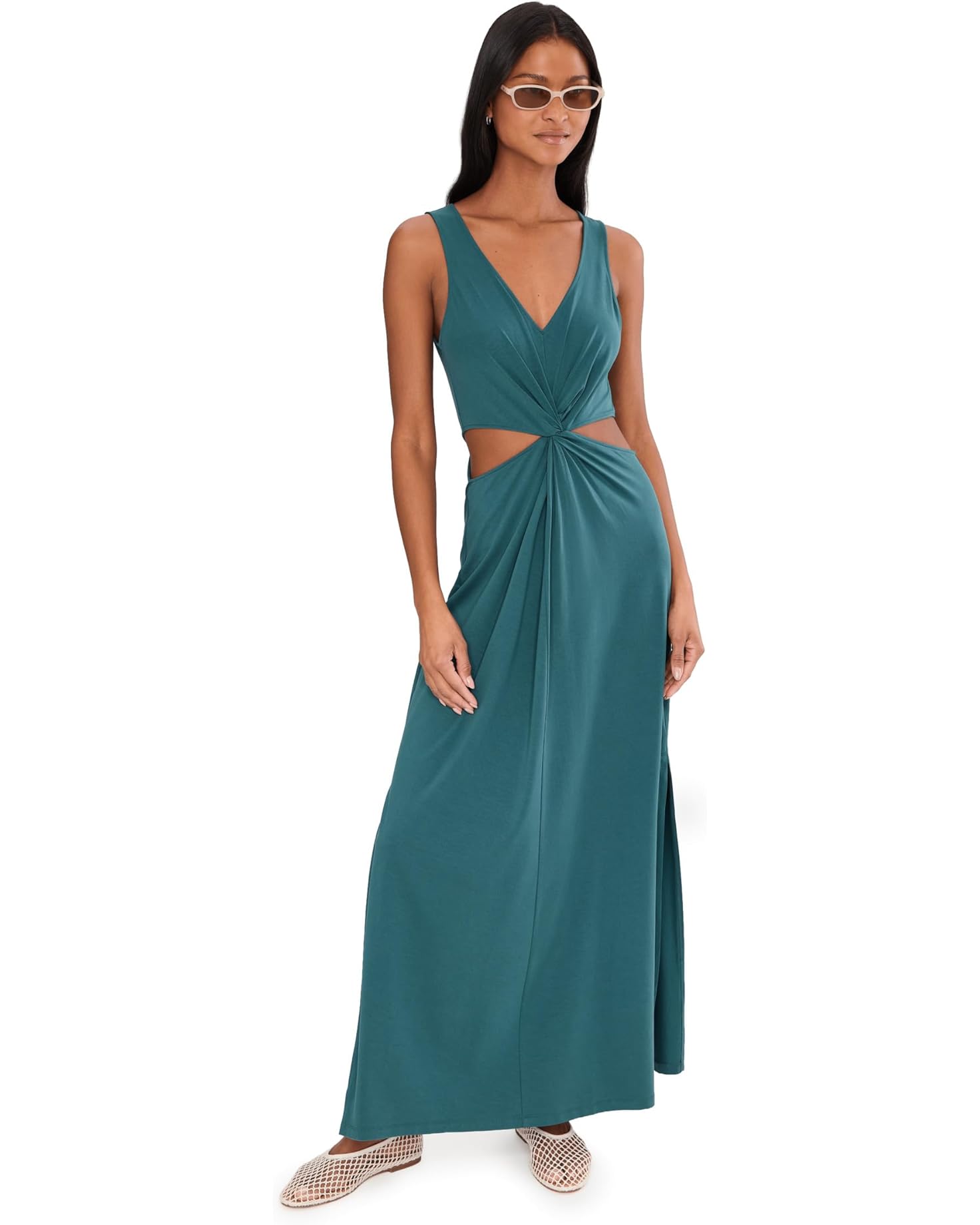 BEYOND YOGA AROUND THE WORLD TWIST FRONT MAXI DRESS TEAL SEA