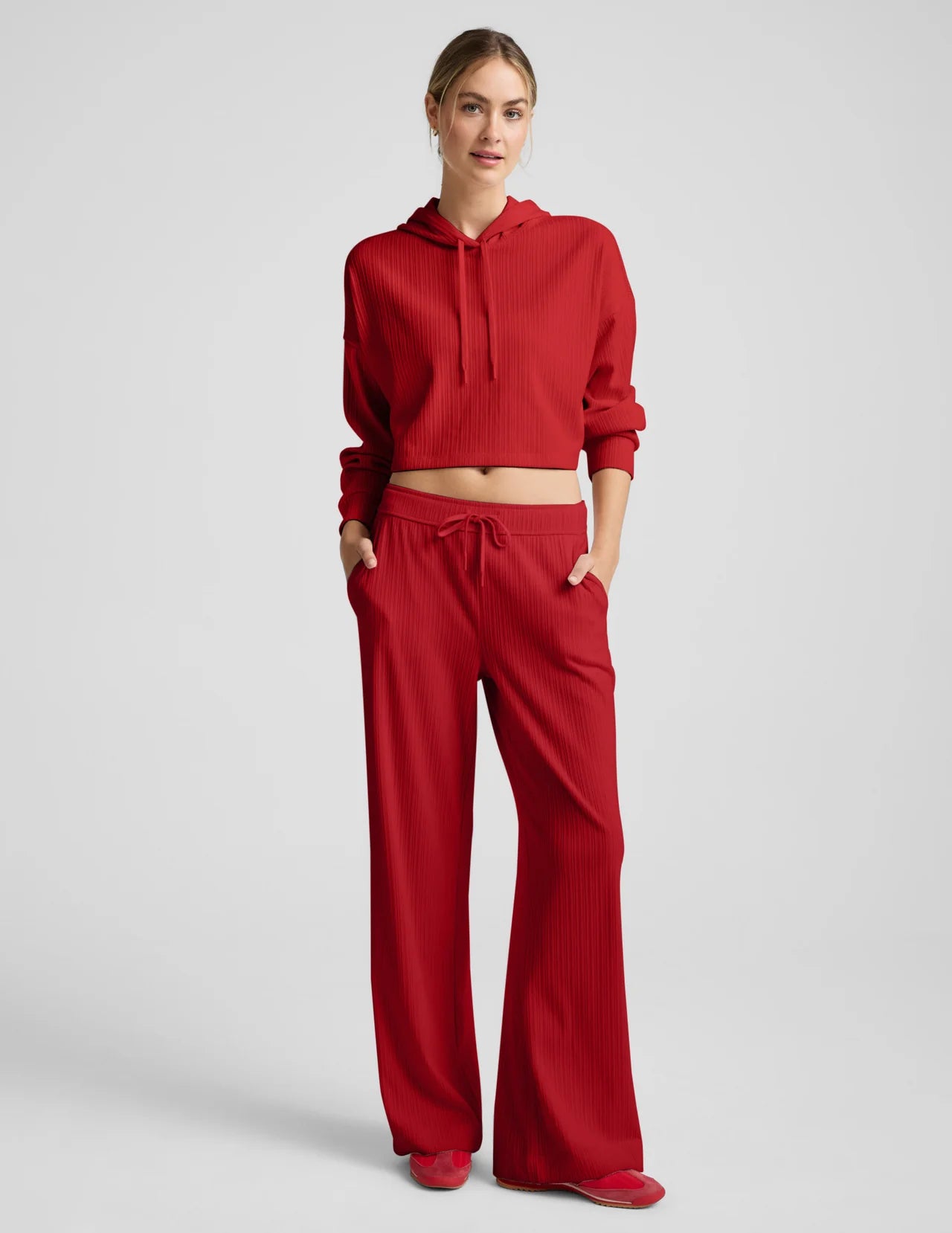 BEYOND YOGA BREATHE EASY RIBBED WIDE LEG PANT HOLLY RED