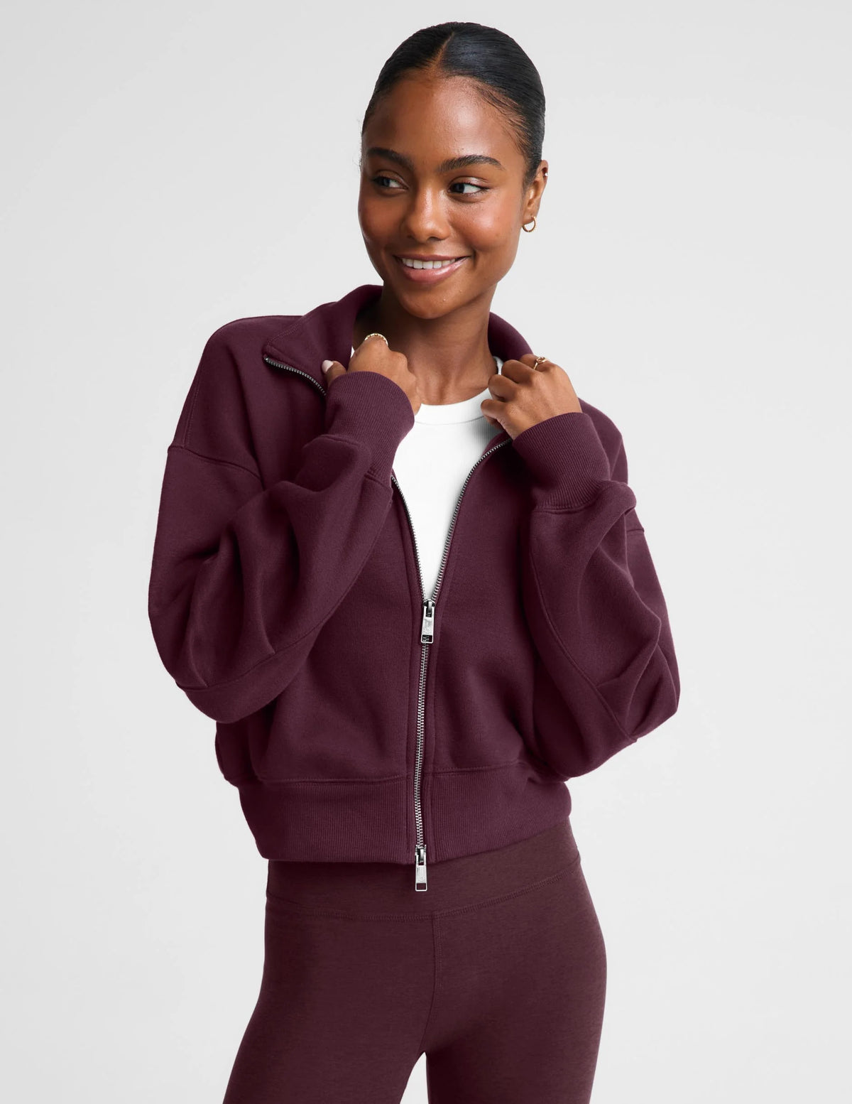 BEYOND YOGA HEAVYWEIGHT LUXEFLEECE 2.0 DOUBLE ZIP JACKET CABERNET