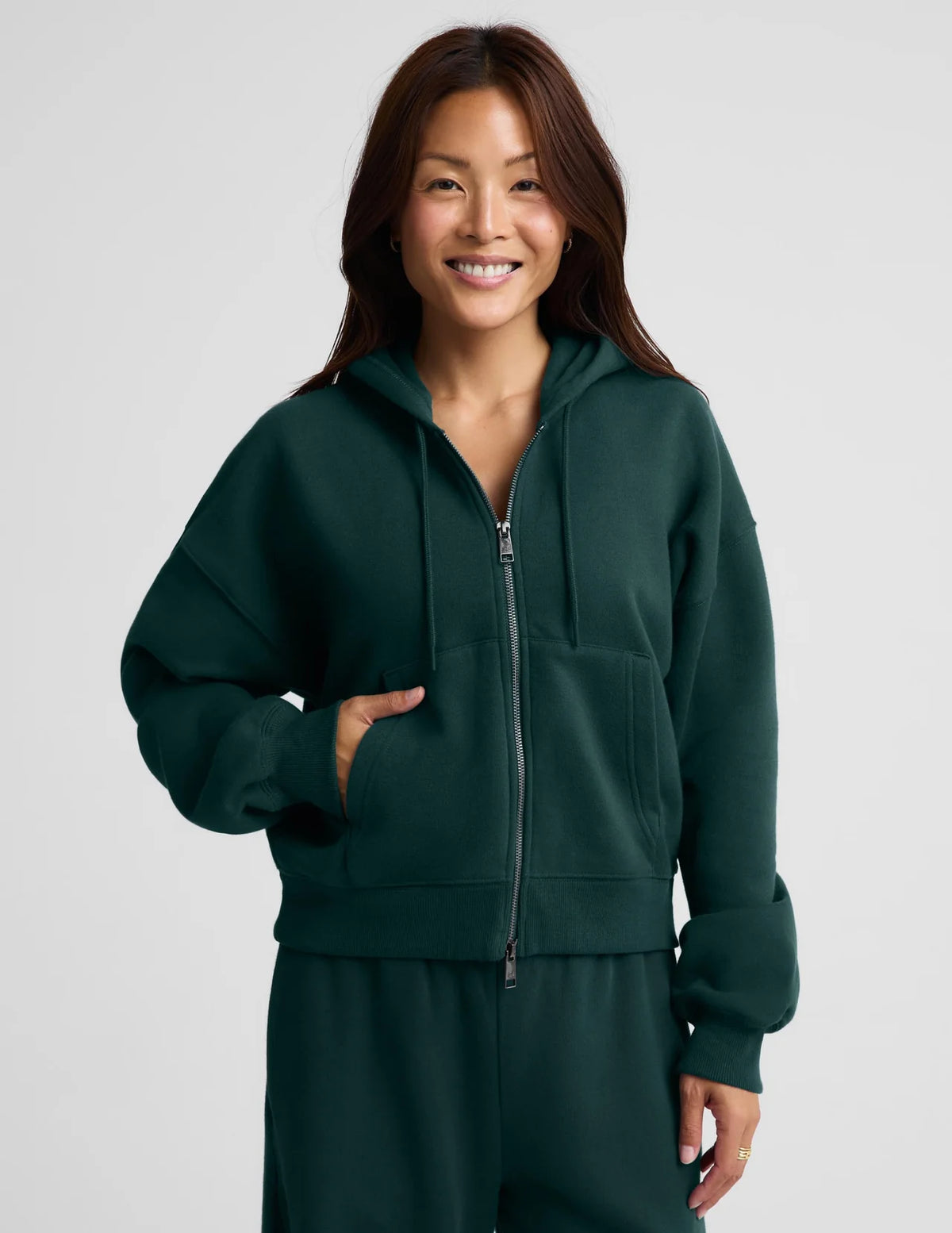 BEYOND YOGA LUXEFLEECE 2.0 FULL ZIP HOODIE DARK IVY HEATHER