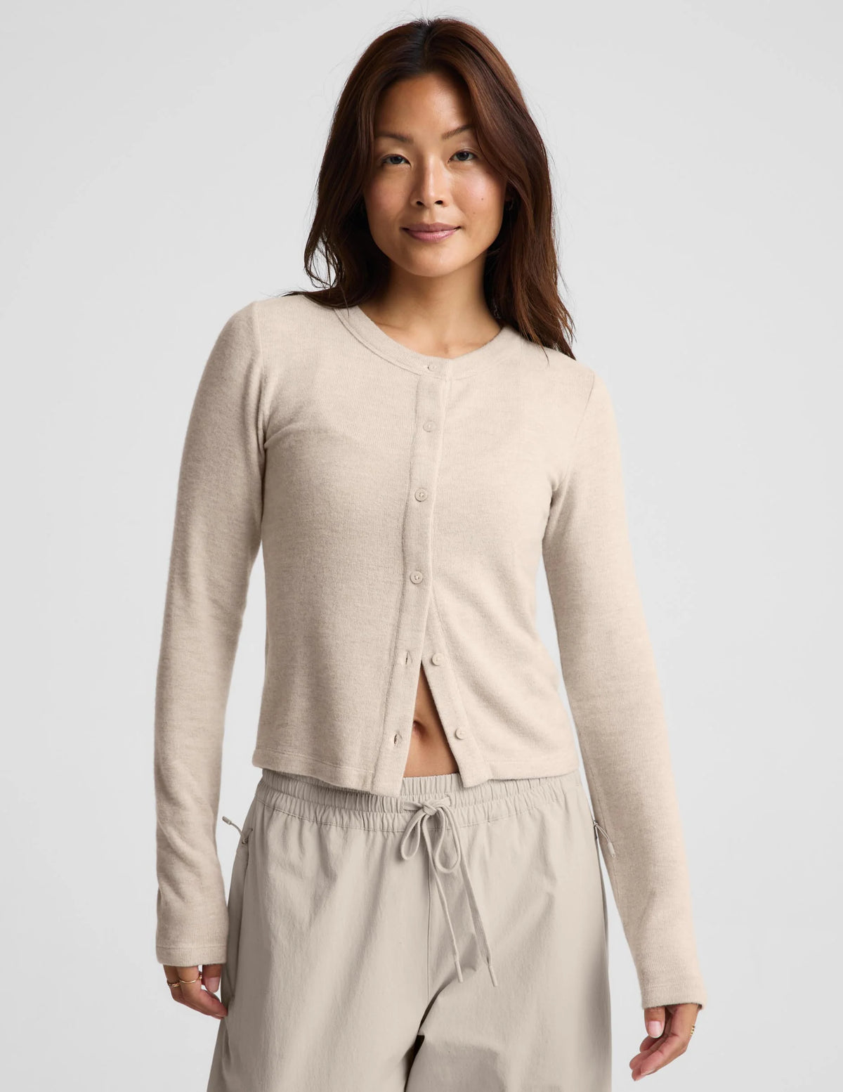 BEYOND YOGA LUXLAYER FITTED CARDIGAN OATMEAL HEATHER