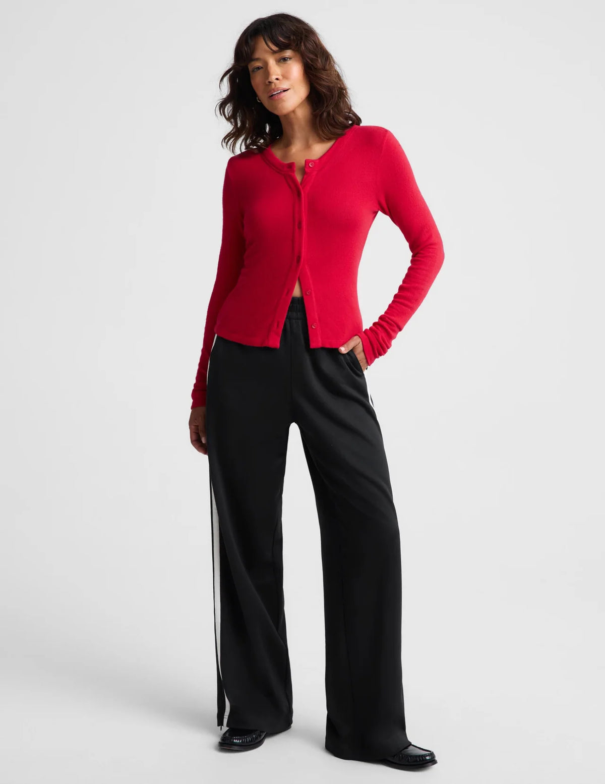 BEYOND YOGA LUXLAYER FITTED CARDIGAN OATMEAL SCARLET RED
