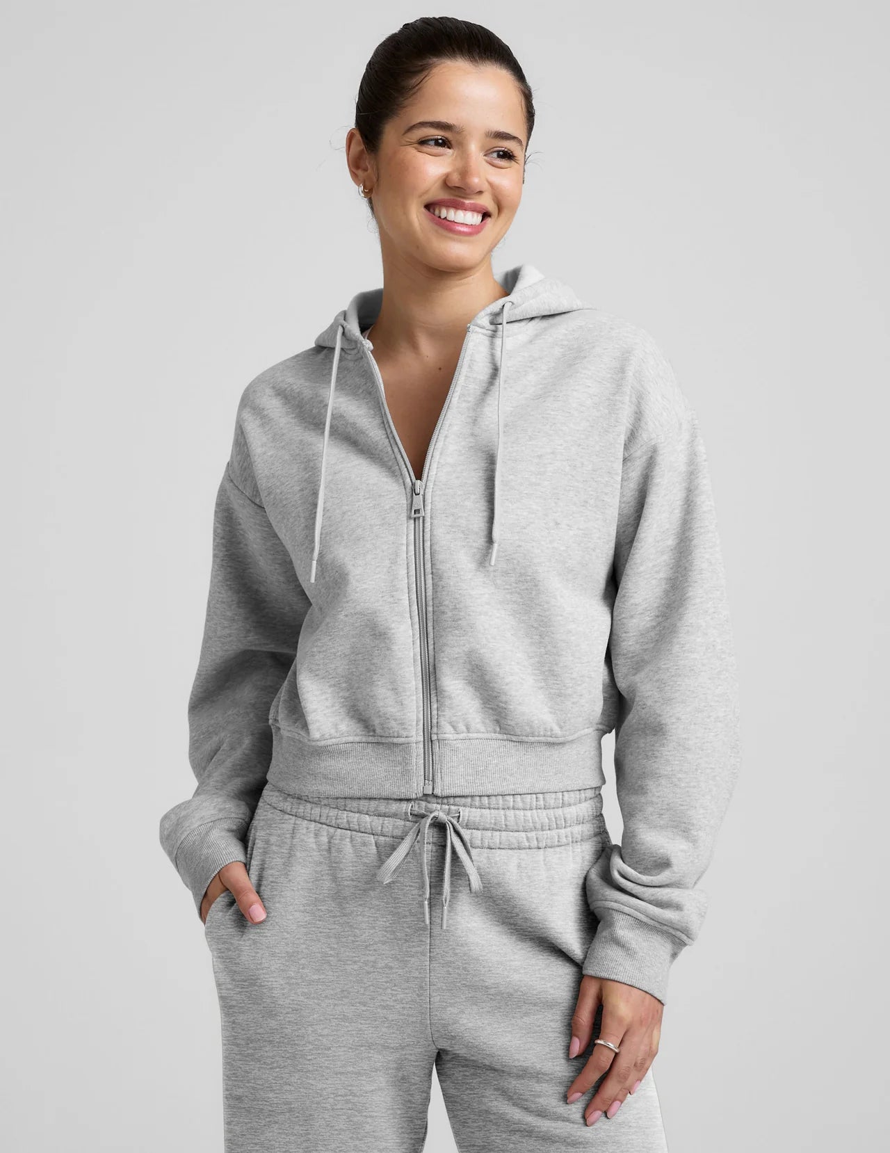 BEYOND YOGA LuxeFleece Zip Up Hoodie Light Heather Grey