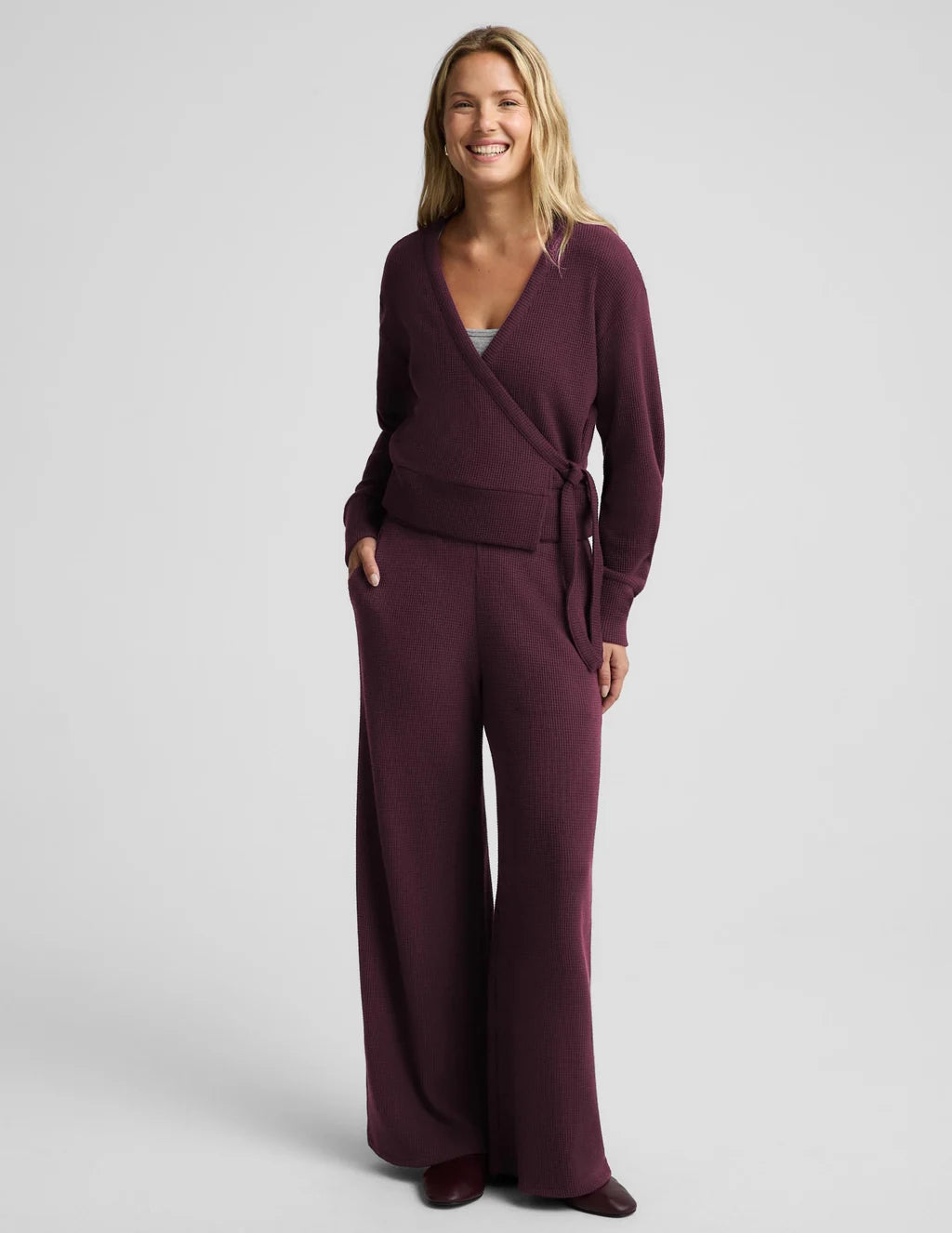 BEYOND YOGA REST DAY WAFFLE WRAP PULLOVER CABERNET 3