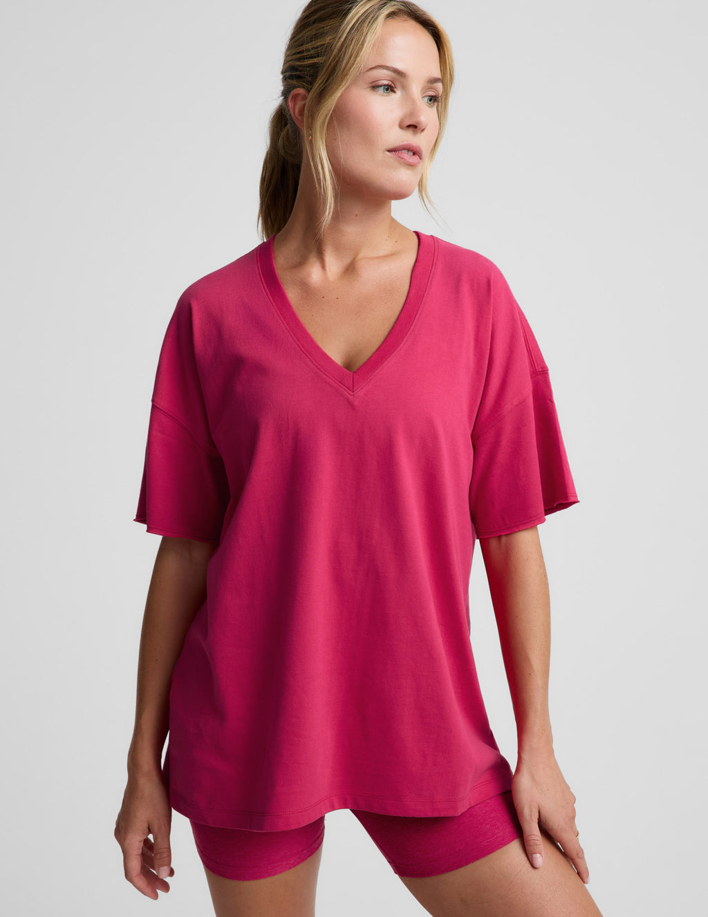 BEYOND YOGA SOFTKNIT BETTER THAN EVER OVERSIZED V-NECK COTTON TEE BERRY RED