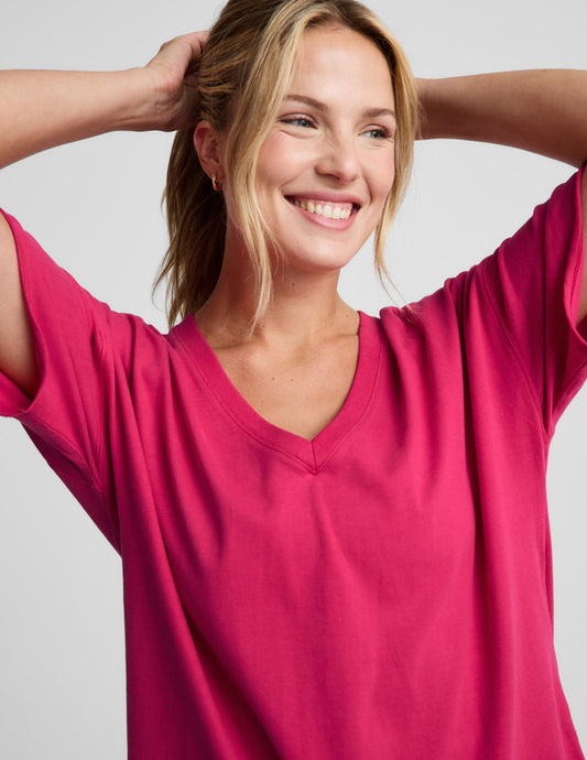 BEYOND YOGA SOFTKNIT BETTER THAN EVER OVERSIZED V-NECK COTTON TEE BERRY RED