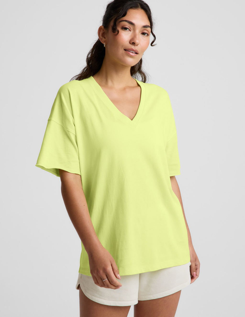 BEYOND YOGA SOFTKNIT BETTER THAN EVER OVERSIZED V-NECK COTTON TEE ELECTRIC LIME