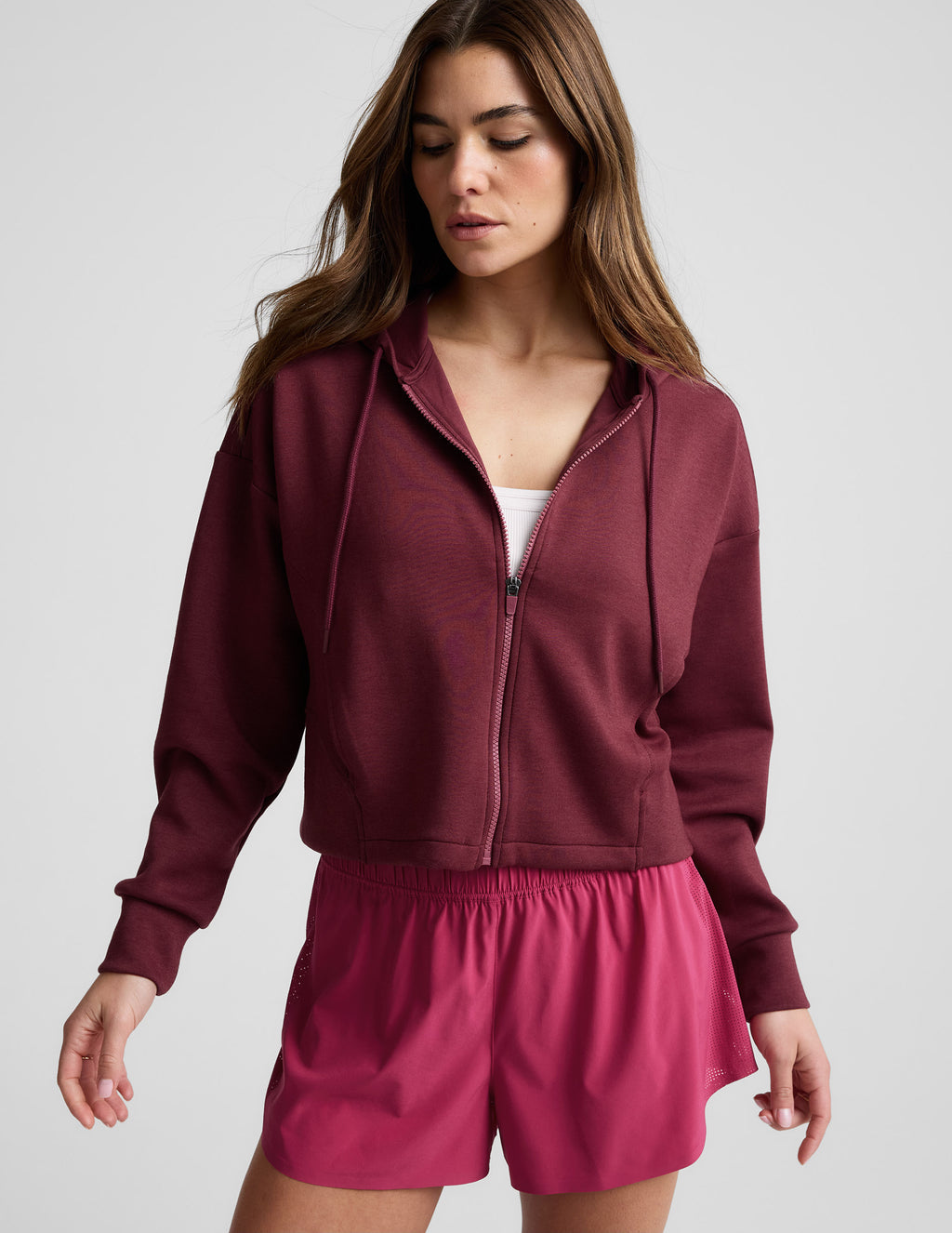 BEYOND YOGA SOFTSPRING FULL ZIP HOODED JACKET MOODY BURGUNDY