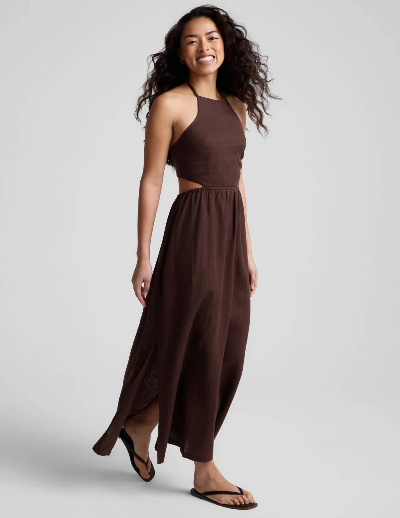 BEYOND YOGA SOFT WASH LINEN HALTER DRESS ICED MOCHA