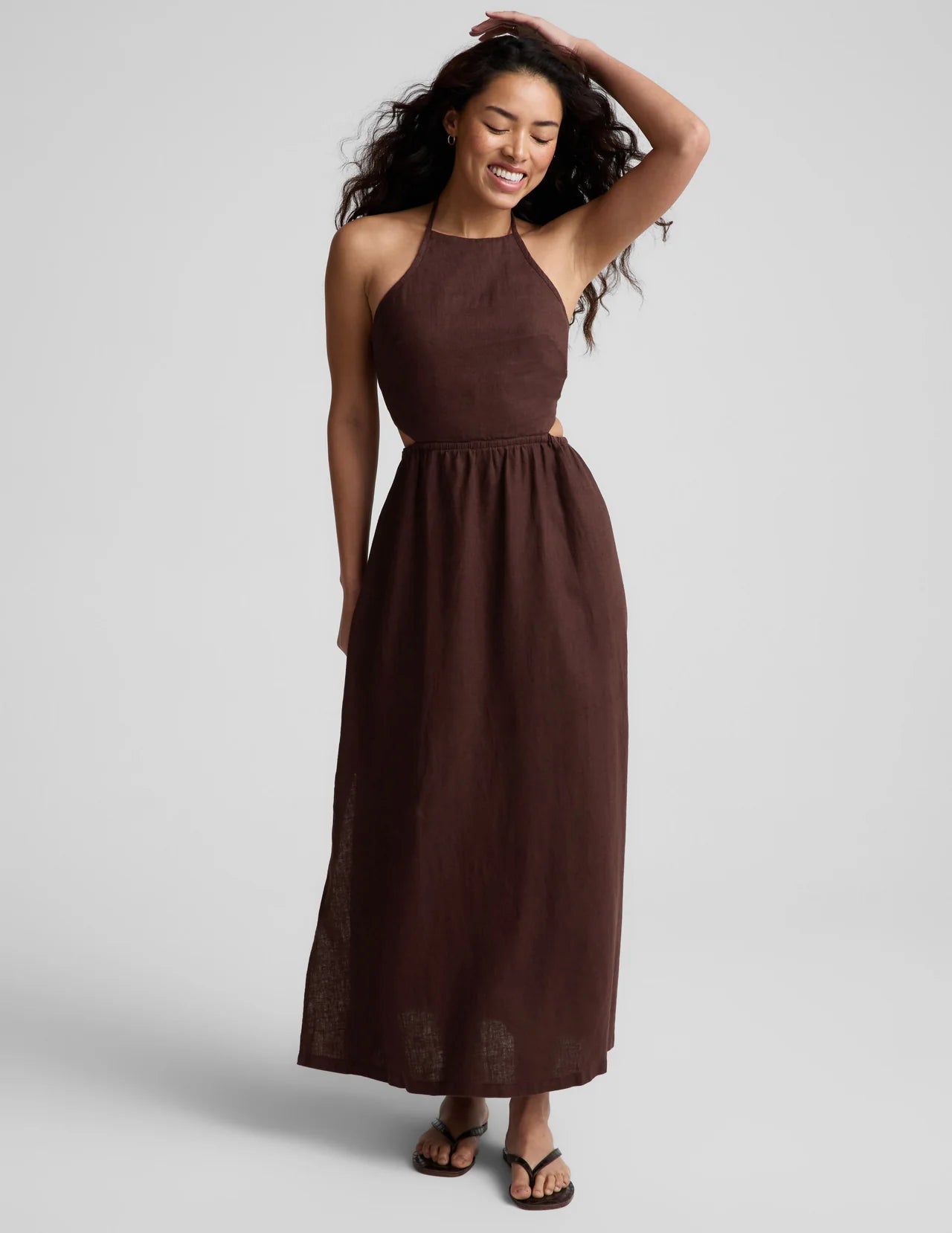 BEYOND YOGA SOFT WASH LINEN HALTER DRESS ICED MOCHA