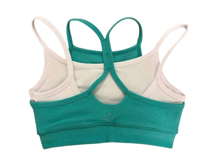BEYOND YOGA SPACEDYE LAYERED LONG LINE BRA CARIBBEAN AND WHITE