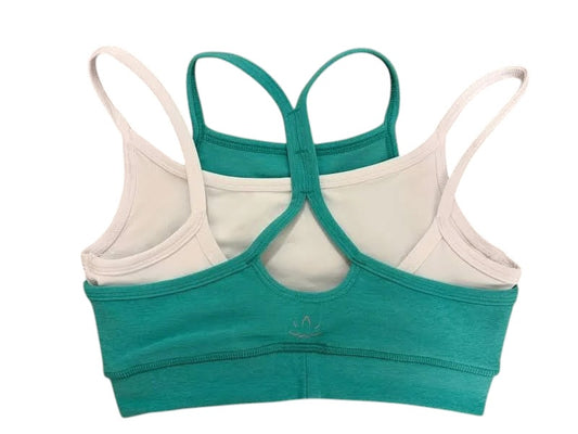 BEYOND YOGA SPACEDYE LAYERED LONG LINE BRA CARIBBEAN AND WHITE