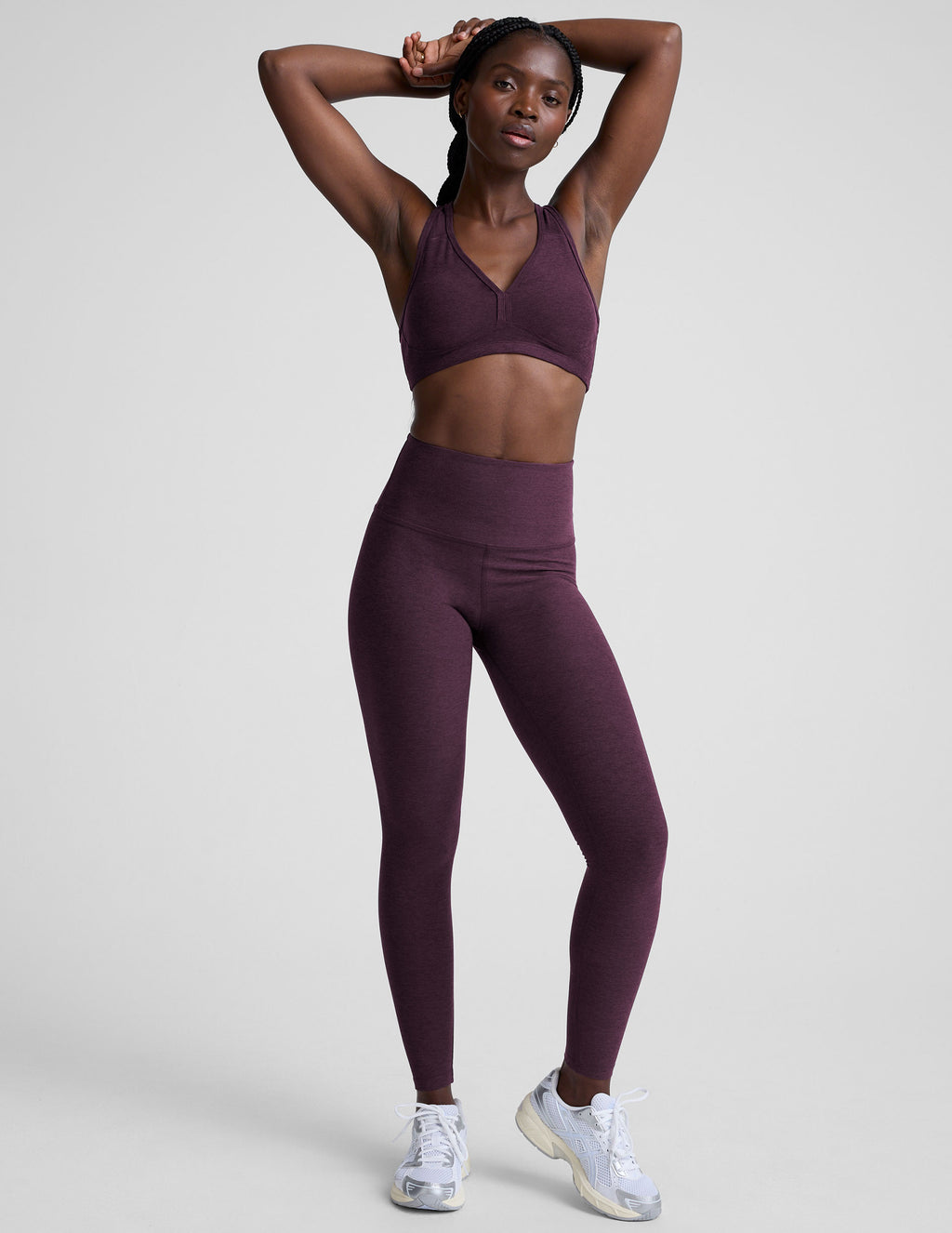 BEYOND YOGA SPACEDYE LIFT YOUR SPIRITS BRA EGGPLANT PURPLE HEATHER