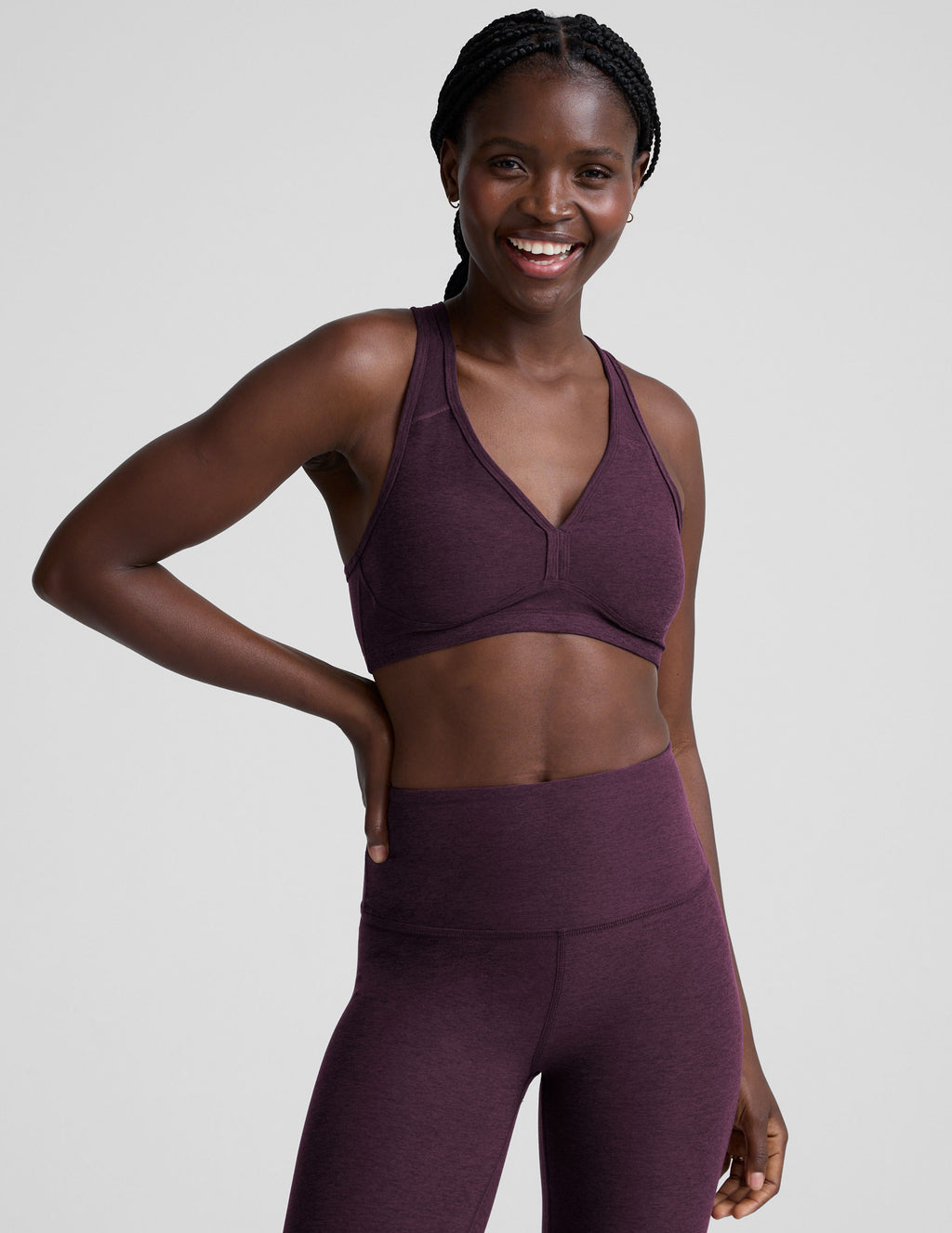 BEYOND YOGA SPACEDYE LIFT YOUR SPIRITS BRA EGGPLANT PURPLE HEATHER