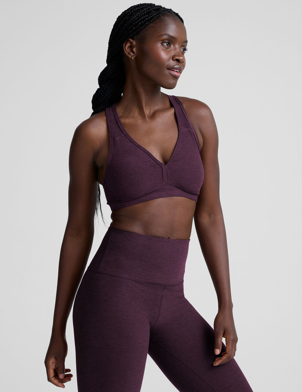 BEYOND YOGA SPACEDYE LIFT YOUR SPIRITS BRA EGGPLANT PURPLE HEATHER