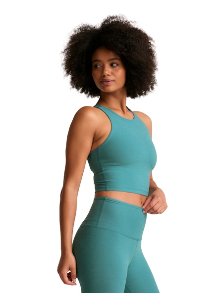 BEYOND YOGA SPACEDYE REFOCUS CROPPED TANK COURT DEEP AQUA HEATHER