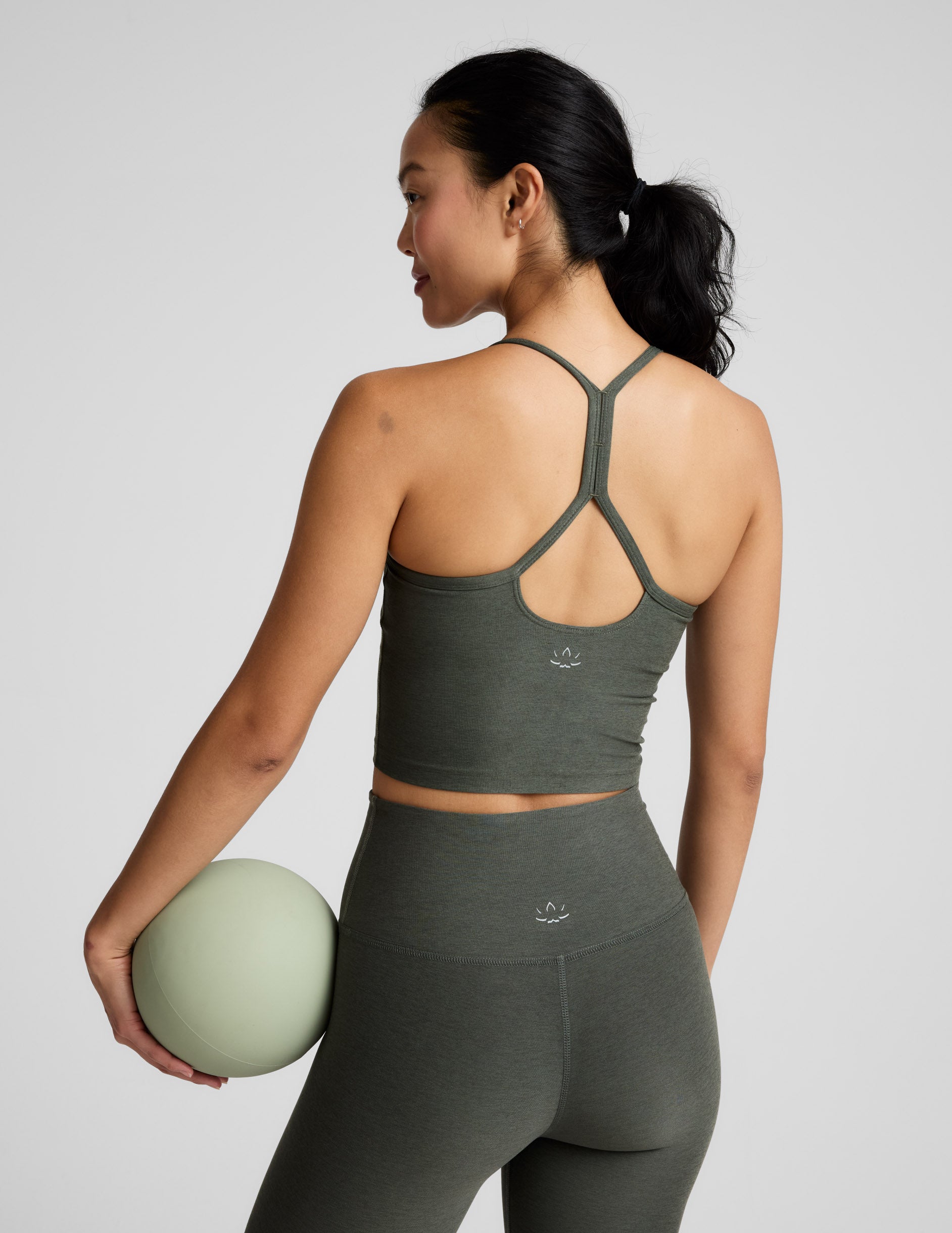 BEYOND YOGA SPACEDYE SLIM RACERBACK CROPPED TANK DUSTY FOREST HEATHER
