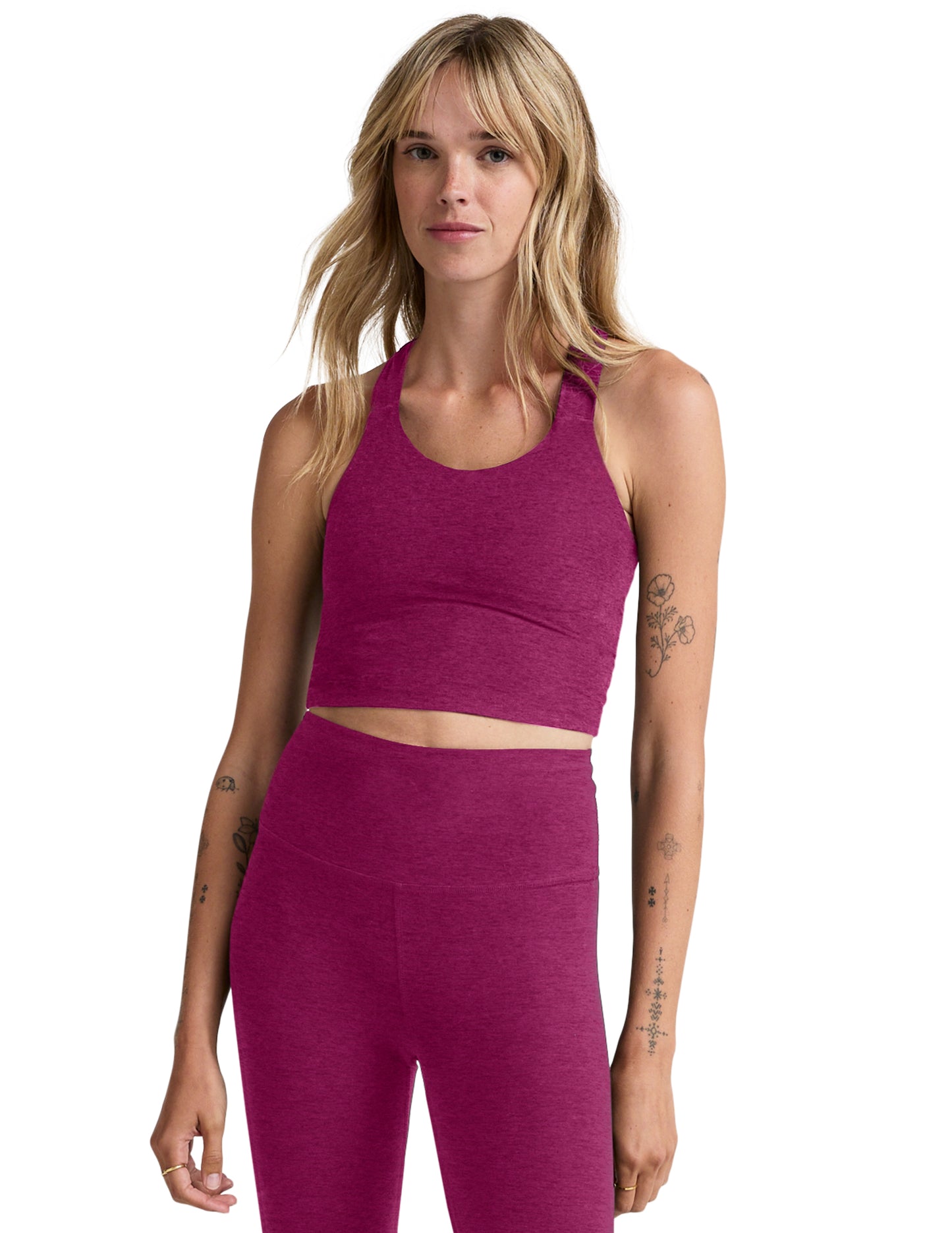 BEYOND YOGA SPACEDYE TWIST THROUGH CROPPED TANK MAGENTA HEATHER