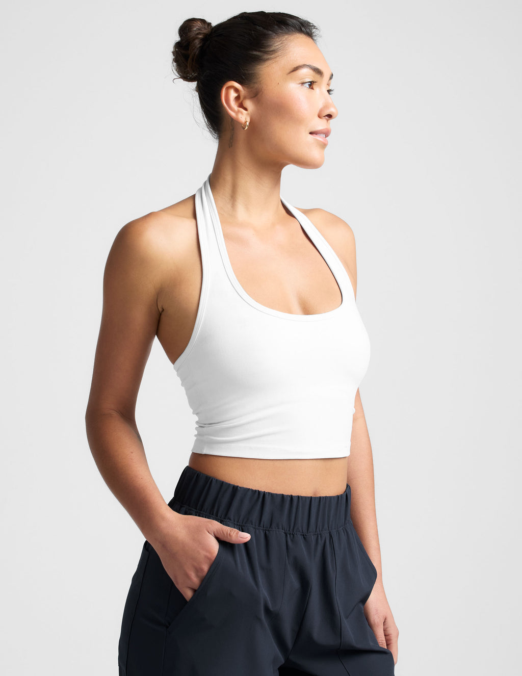 BEYOND YOGA SPACEDYE WELL ROUNDED CROPPED HALTER TOP CLOUD WHITE