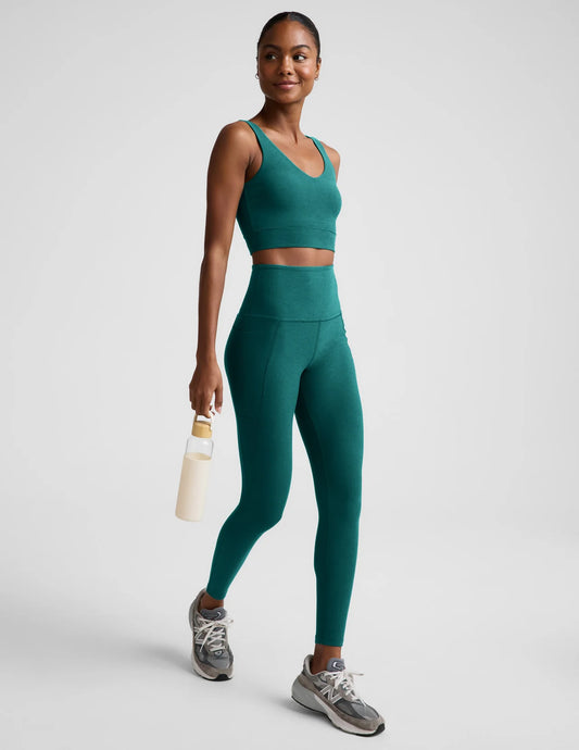 BEYOND YOGA SPACE DYE OUT OF POCKET HIGH WAISTED MIDI LEGGING TEAL SEA HEATHER