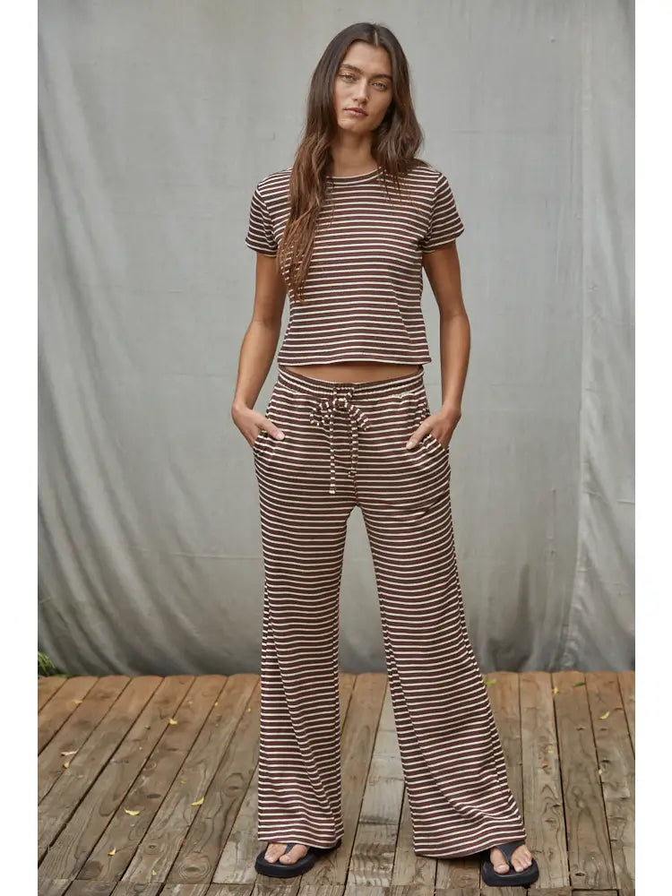 BY TOGETHER KNIT COTTON STRIPED FLARE PANT BROWNIES AND CREAM