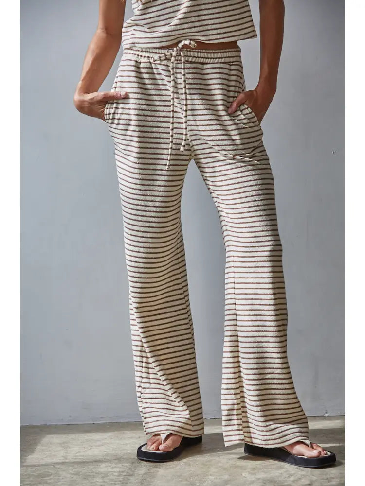 BY TOGETHER KNIT COTTON STRIPED FLARE PANT MOCHA/WHITE