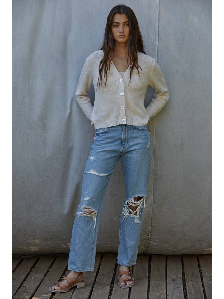 BY TOGETHER KNIT COTTON V-NECK LONG SLEEVE CARDIGAN CREAM