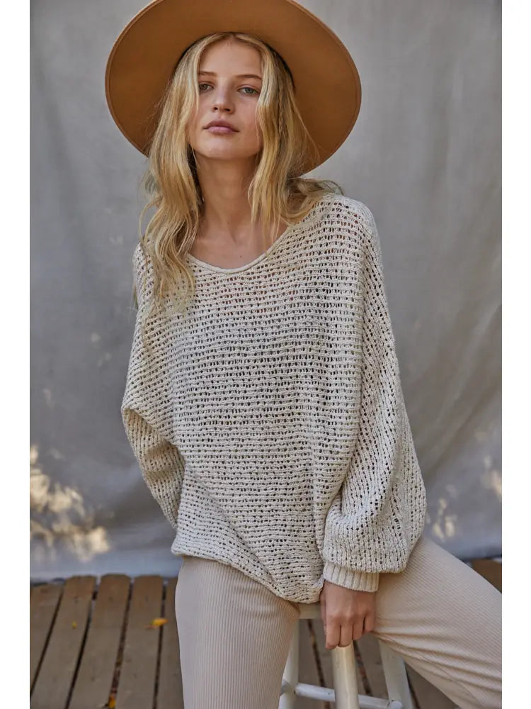 BY TOGETHER KNIT CROCHET ROUND NECK LONG SLEEVE TOP NATURAL