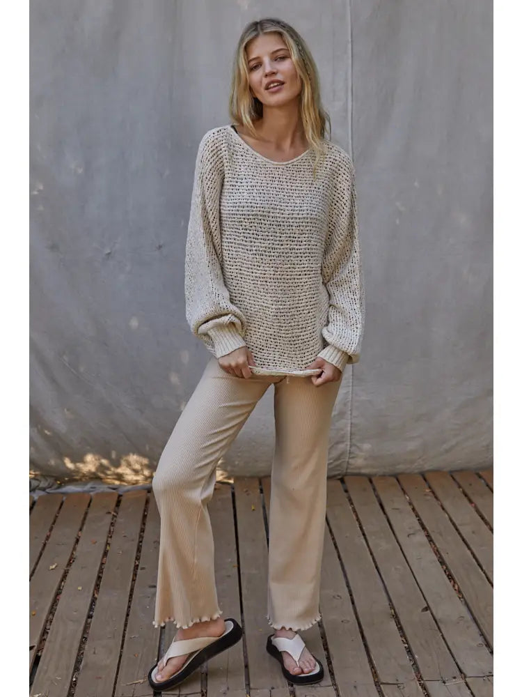BY TOGETHER KNIT CROCHET ROUND NECK LONG SLEEVE TOP NATURAL
