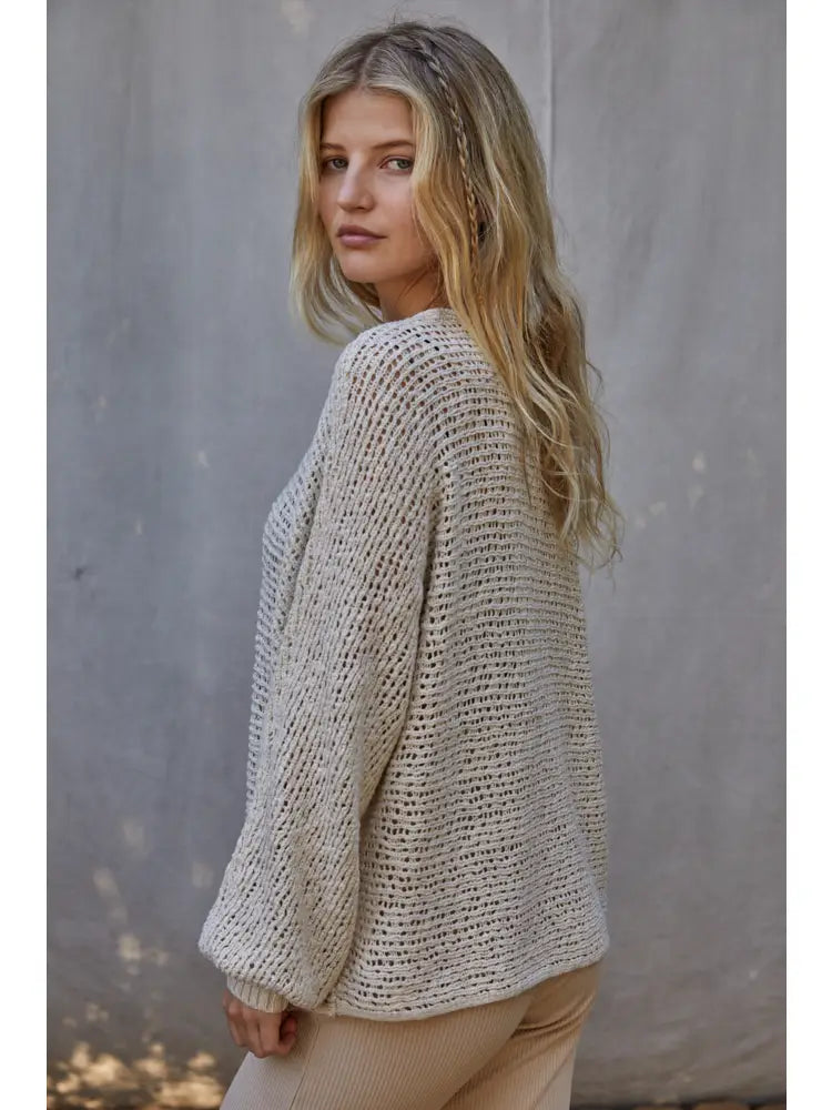 BY TOGETHER KNIT CROCHET ROUND NECK LONG SLEEVE TOP NATURAL