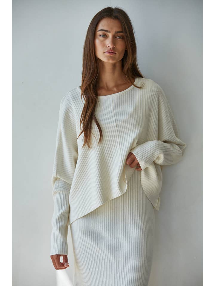 BY TOGETHER KNIT RIBBED LONG SLEEVE ROUND NECK TOP CREAM