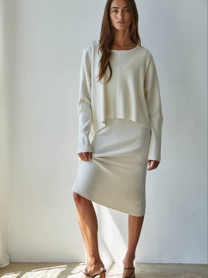 BY TOGETHER KNIT RIBBED LONG SLEEVE ROUND NECK TOP CREAM