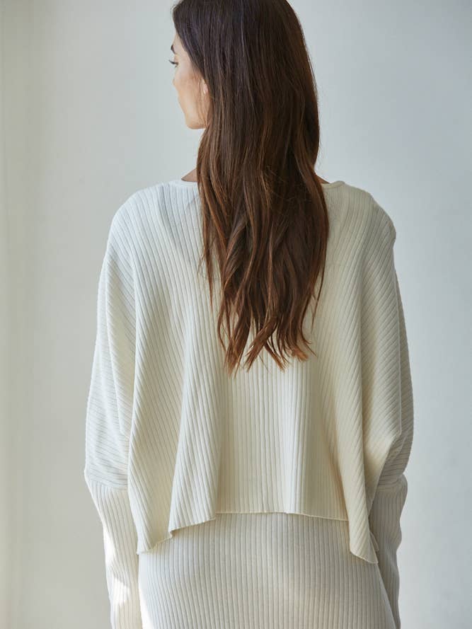BY TOGETHER KNIT RIBBED LONG SLEEVE ROUND NECK TOP CREAM